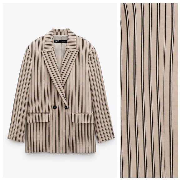 NWT. Zara Beige Striped Oversized Double Breasted Full Cut Blazer. Size S. - Picture 6 of 11